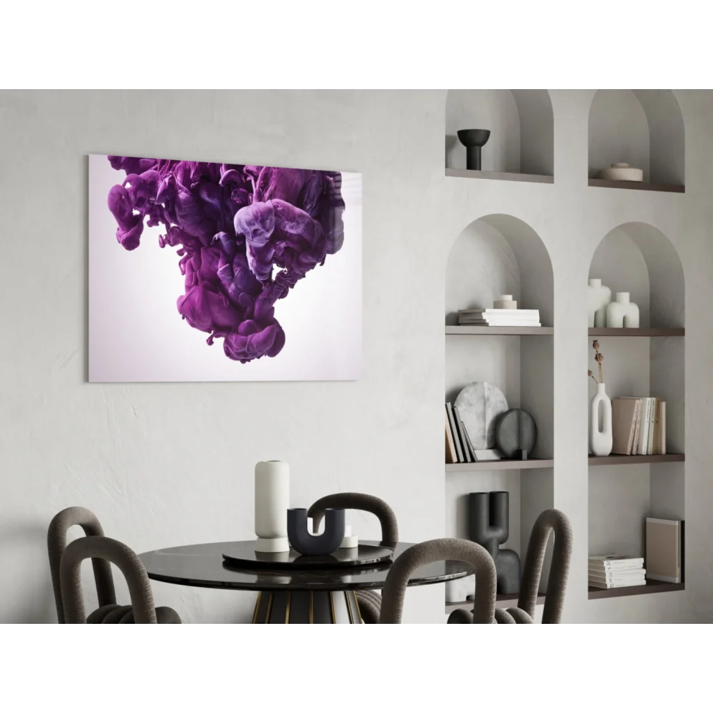 Vibrant purple ink cloud wall art print on white canvas
