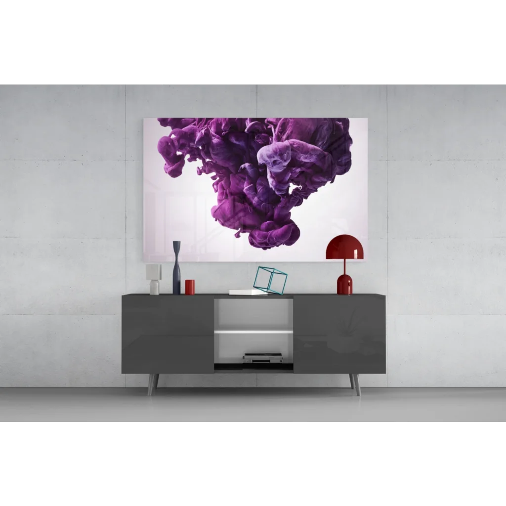 Vibrant purple ink cloud wall art print on canvas above gray console