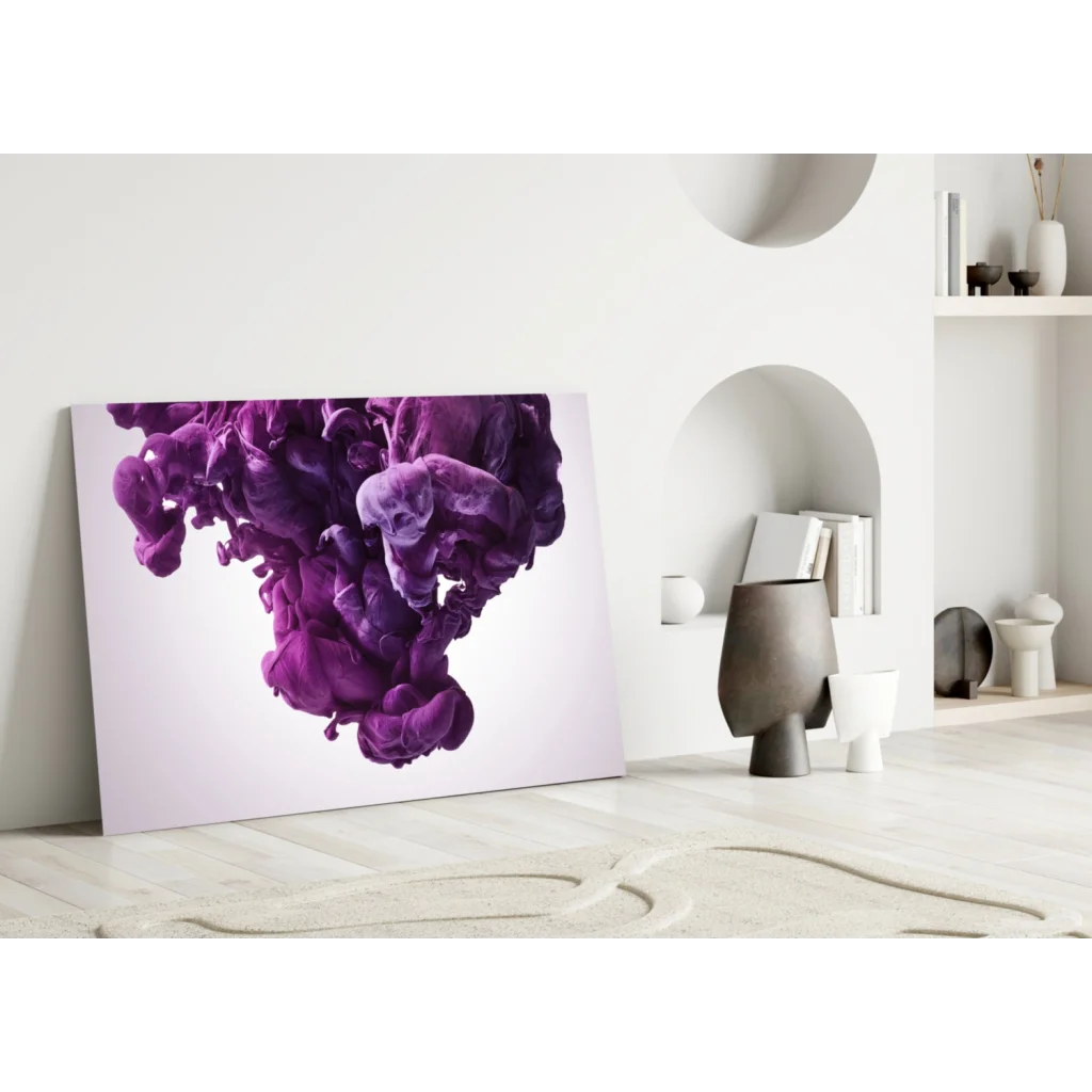 Vibrant purple ink cloud canvas wall art print leaning on white wall