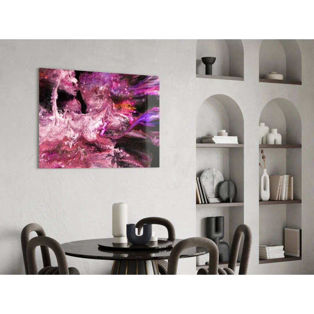 Vibrant swirling magenta purple glass wall art with glitter accents