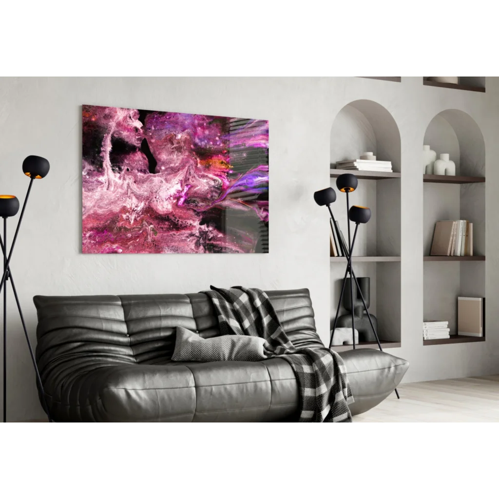 Vibrant swirling magenta purple glass wall art with glitter accents