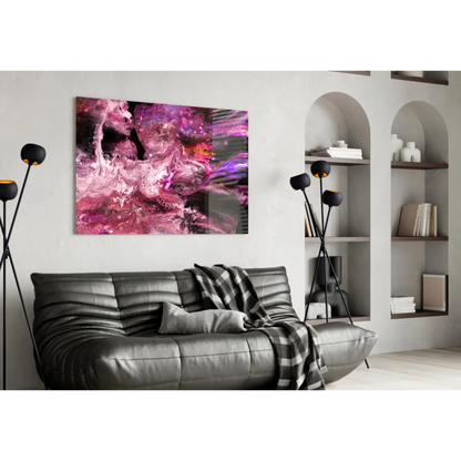 Vibrant swirling magenta purple glass wall art with glitter accents