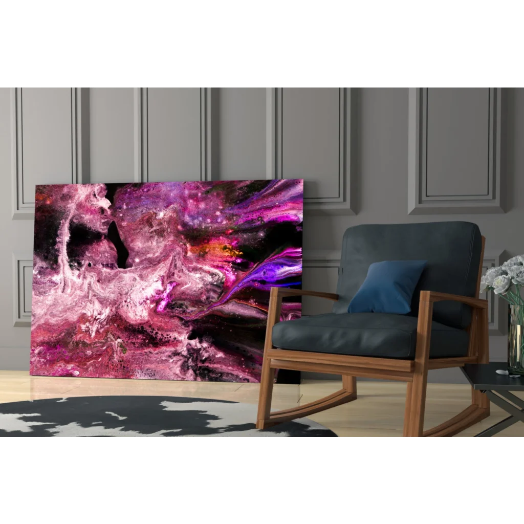 Vibrant swirling magenta purple glass wall art with glitter accents