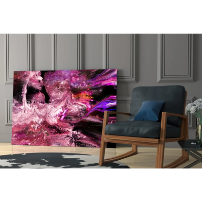 Vibrant swirling magenta purple glass wall art with glitter accents