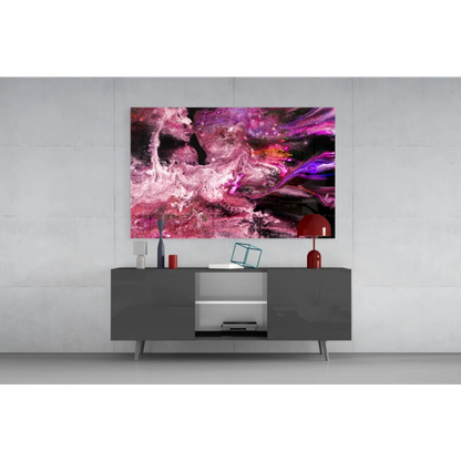 Vibrant swirling magenta purple glass wall art with glitter accents