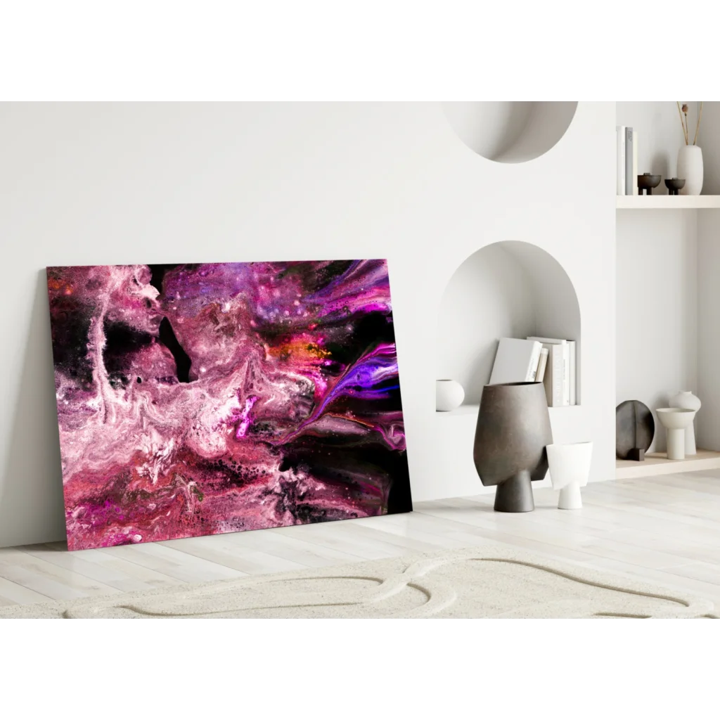 Vibrant swirling magenta purple glass wall art with glitter accents