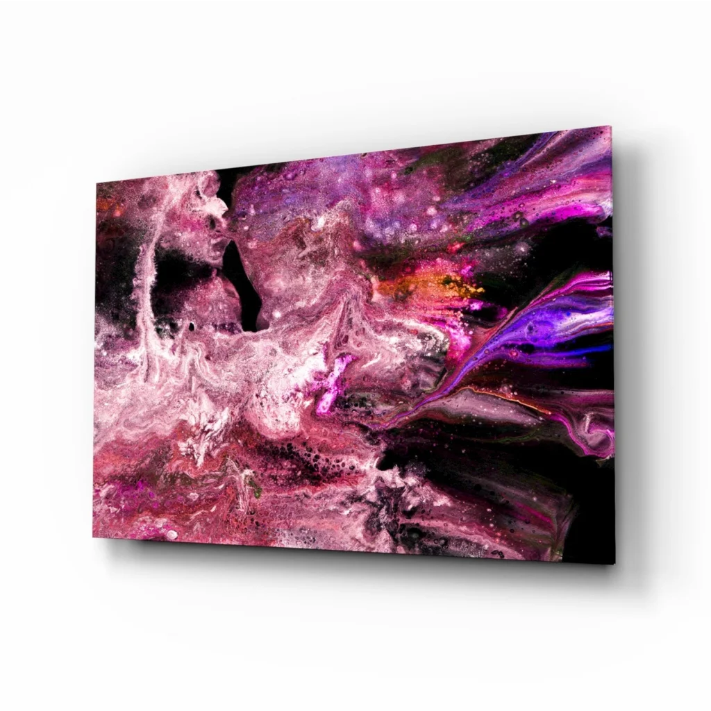 Vibrant swirling magenta purple glass wall art with glitter accents
