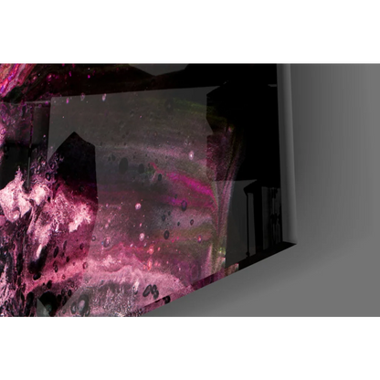 Swirling magenta purple glass wall art with glitter accents in pink hues