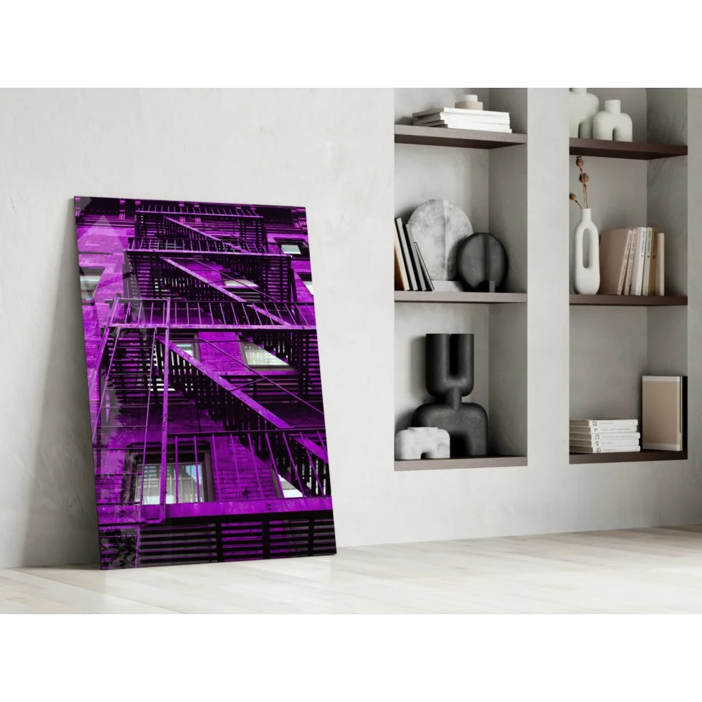 Vibrant purple fire escape glass wall art leaning on white wall