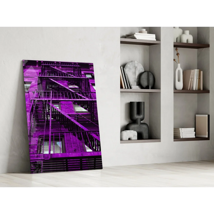 Vibrant purple fire escape glass wall art leaning on white wall
