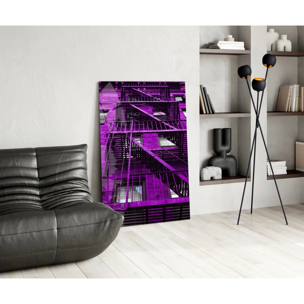 Vibrant purple fire escape staircase glass wall art canvas print