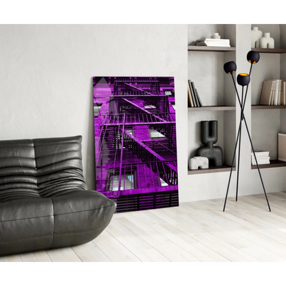 Vibrant purple fire escape staircase glass wall art canvas print