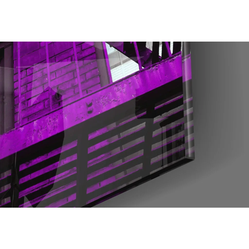 Purple neon-lit fire escape glass wall art on brick backdrop