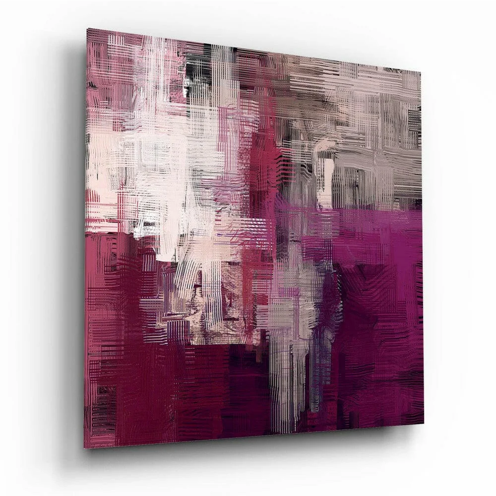 Bold magenta glass wall art with abstract textured strokes in rose and gray