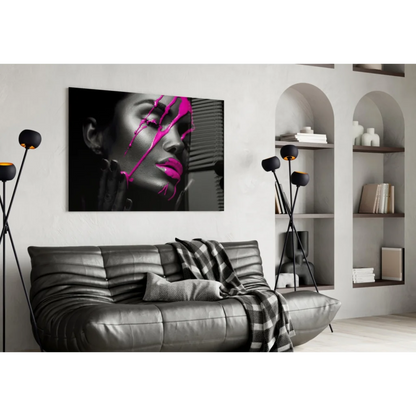 Black-and-pink abstract portrait canvas wall art on wall