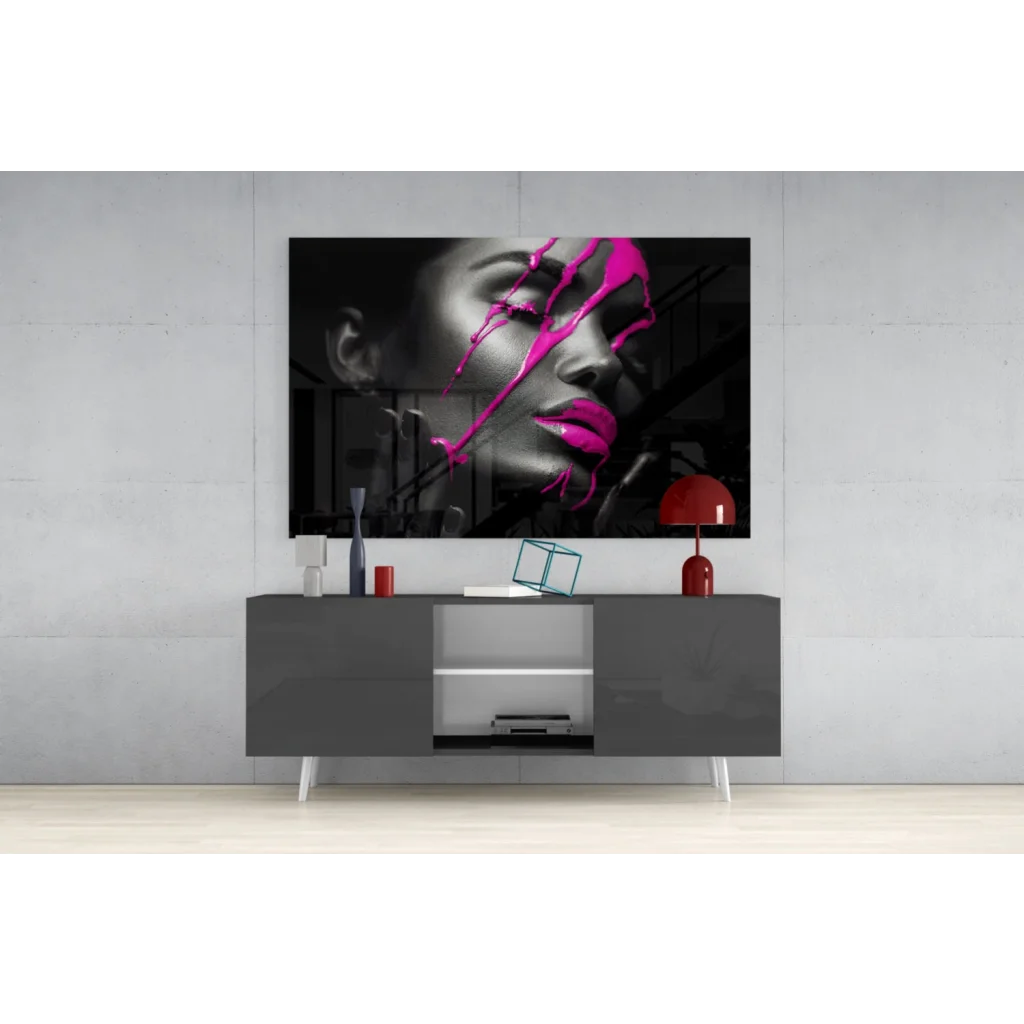 Bold black-and-white woman portrait canvas wall art with pink paint drips on cheek and lips