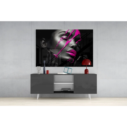 Bold black-and-white woman portrait canvas wall art with pink paint drips on cheek and lips