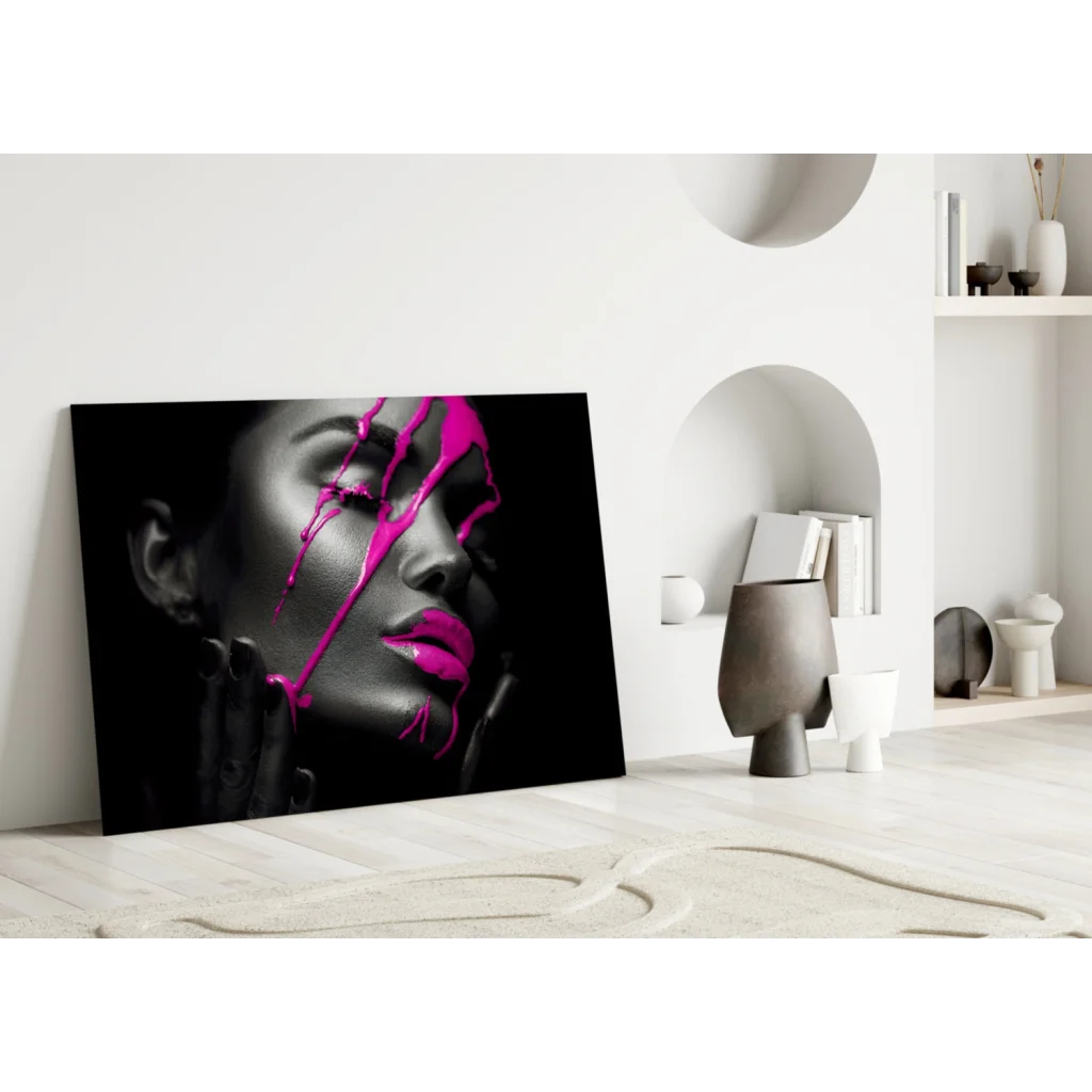 Striking black-and-white portrait wall art with pink drips on womans face