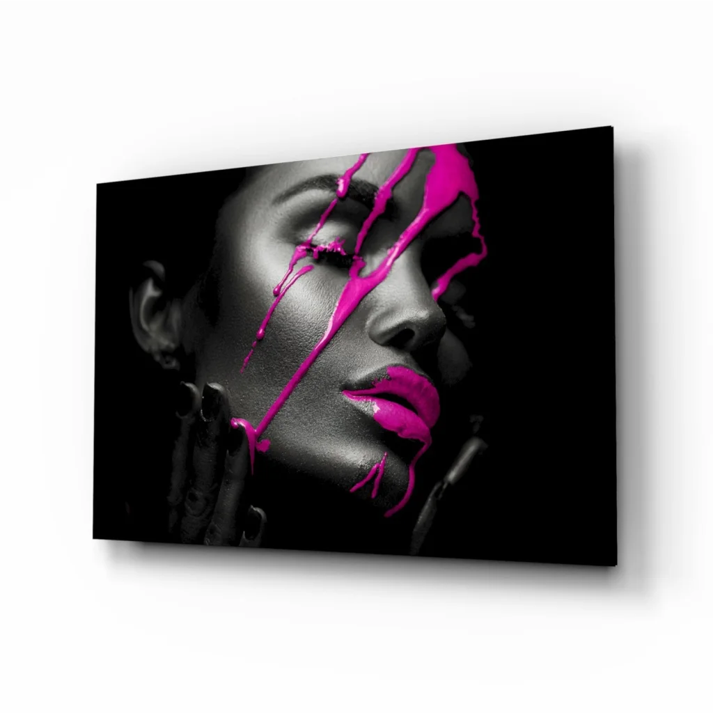 Black-and-white portrait canvas wall art with pink drips on womans face