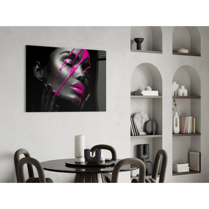 Striking black-and-white woman portrait canvas wall art with pink drip