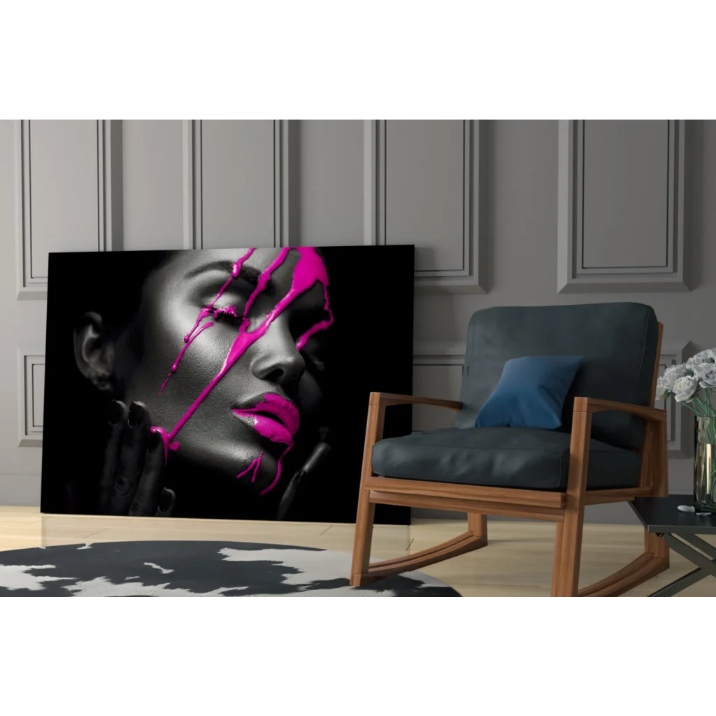 Vibrant pink drip abstract woman portrait canvas wall art with glossy lips