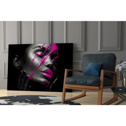 Vibrant pink drip abstract woman portrait canvas wall art with glossy lips
