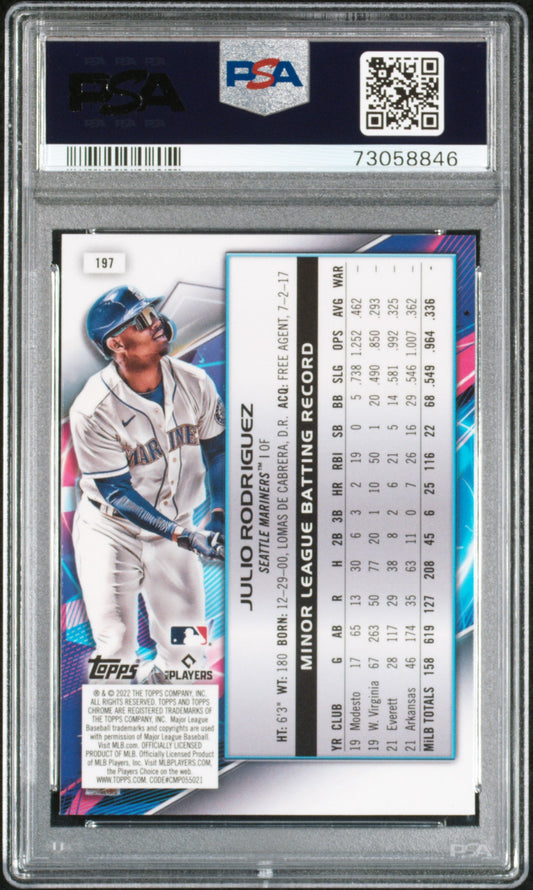 Reverse of a card in a PSA holder, showing a player in a white Mariners uniform and a minor league stats table.