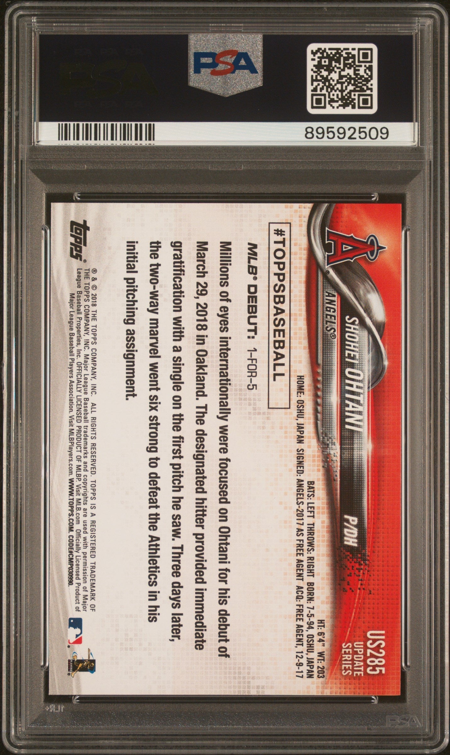Graded 2018 Topps Update Shohei Ohtani #US285 Rookie RC Baseball Card PSA 9 Mint