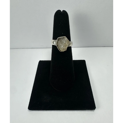 Silver quartz ring with raw faceted citrine gemstone on simple band