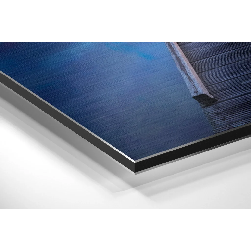 Stunning brushed aluminium dibond print of serene blue water with wooden dock