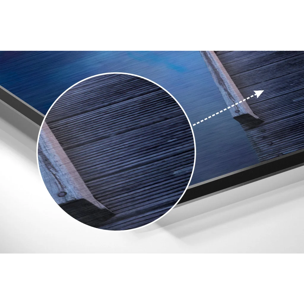 Sleek brushed aluminium dibond print of vivid blue water scene