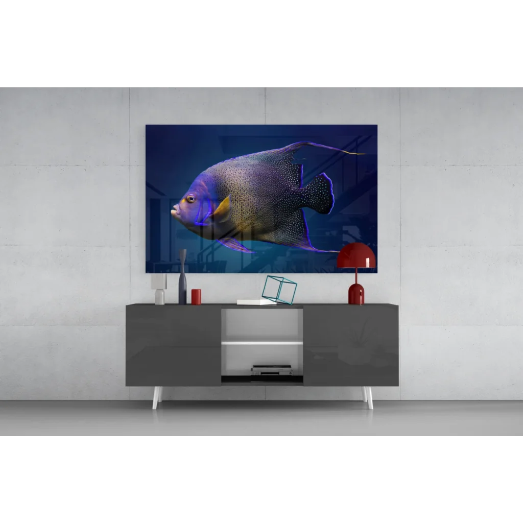 Vibrant blue and purple angelfish in navy glass wall art