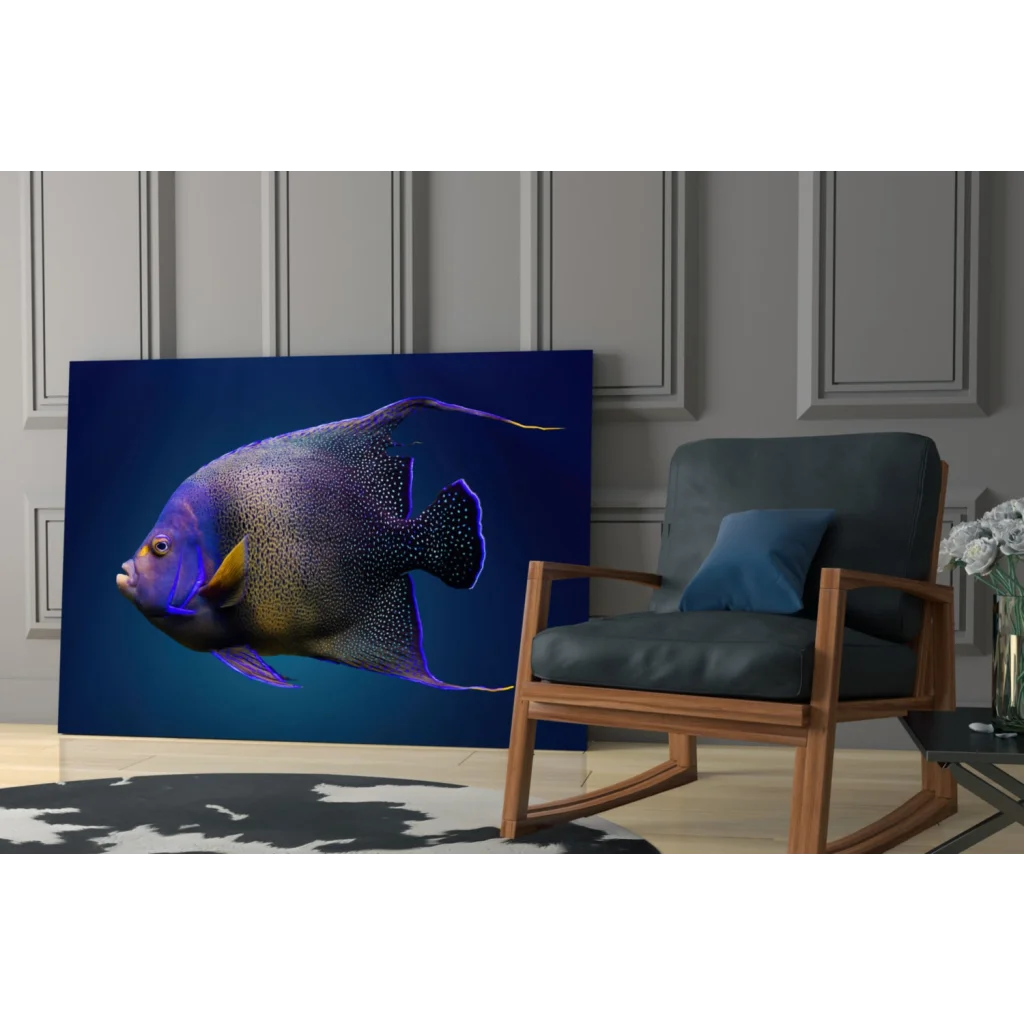 Vibrant blue and purple angelfish glass wall art with white speckles