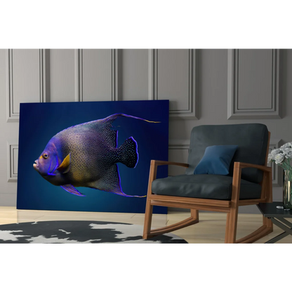 Vibrant blue and purple angelfish glass wall art with white speckles