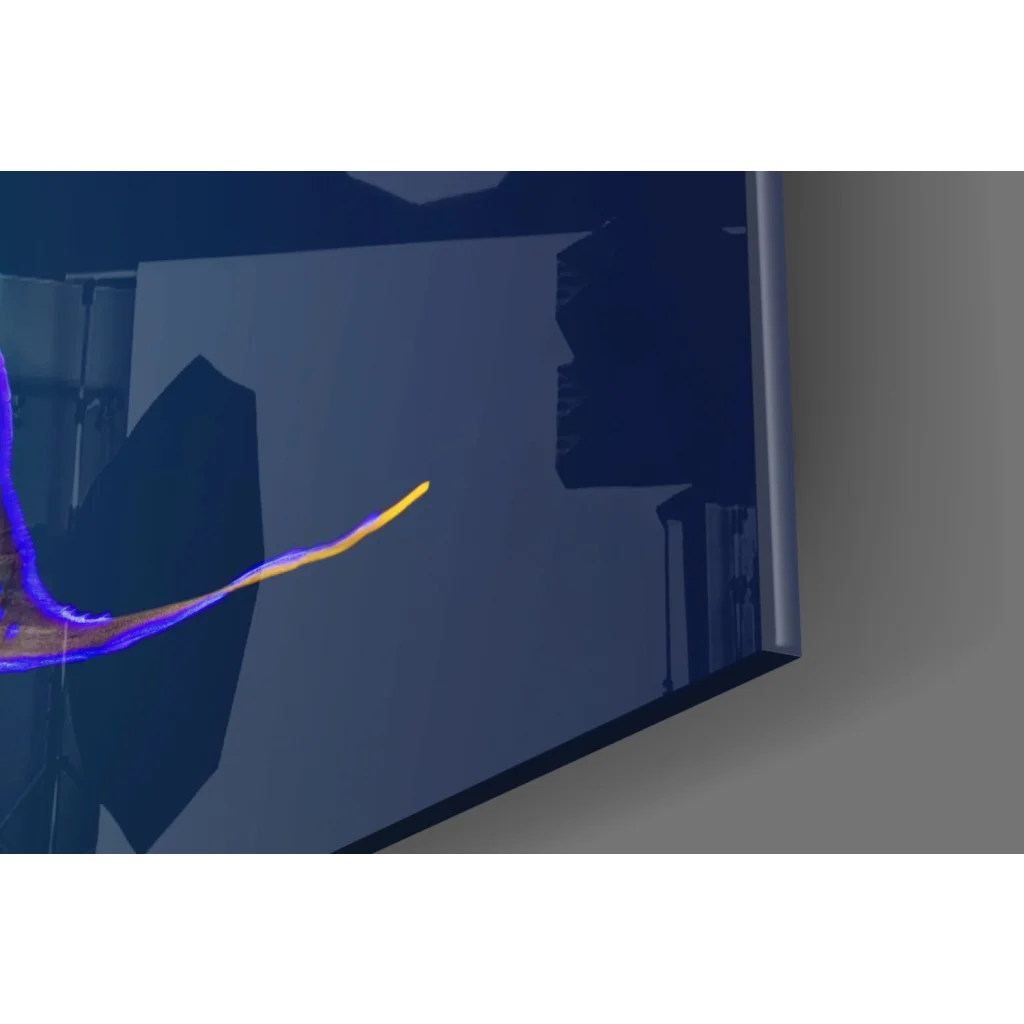 Vibrant blue and gold angelfish glass wall art on sleek dark blue monitor