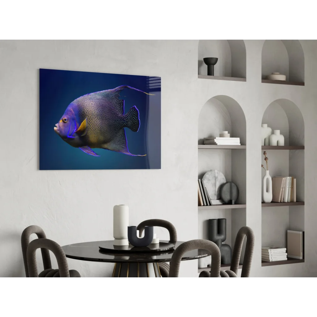 Vibrant blue and purple angelfish glass wall art on glossy acrylic panel