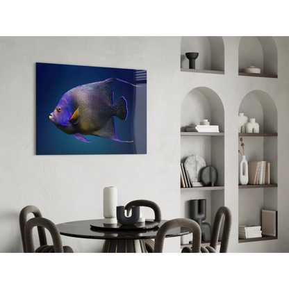 Vibrant blue and purple angelfish glass wall art on glossy acrylic panel