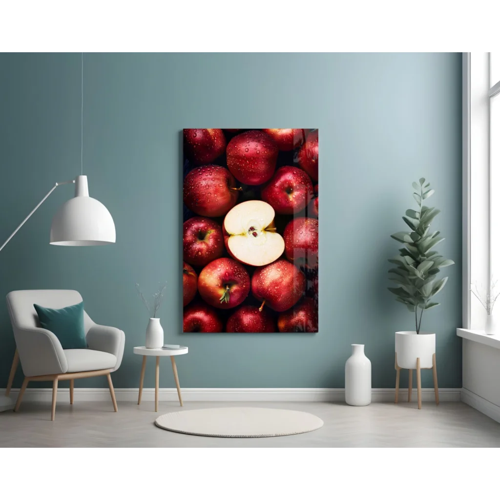 Juicy red apple glass wall art with glossy finish and sliced center