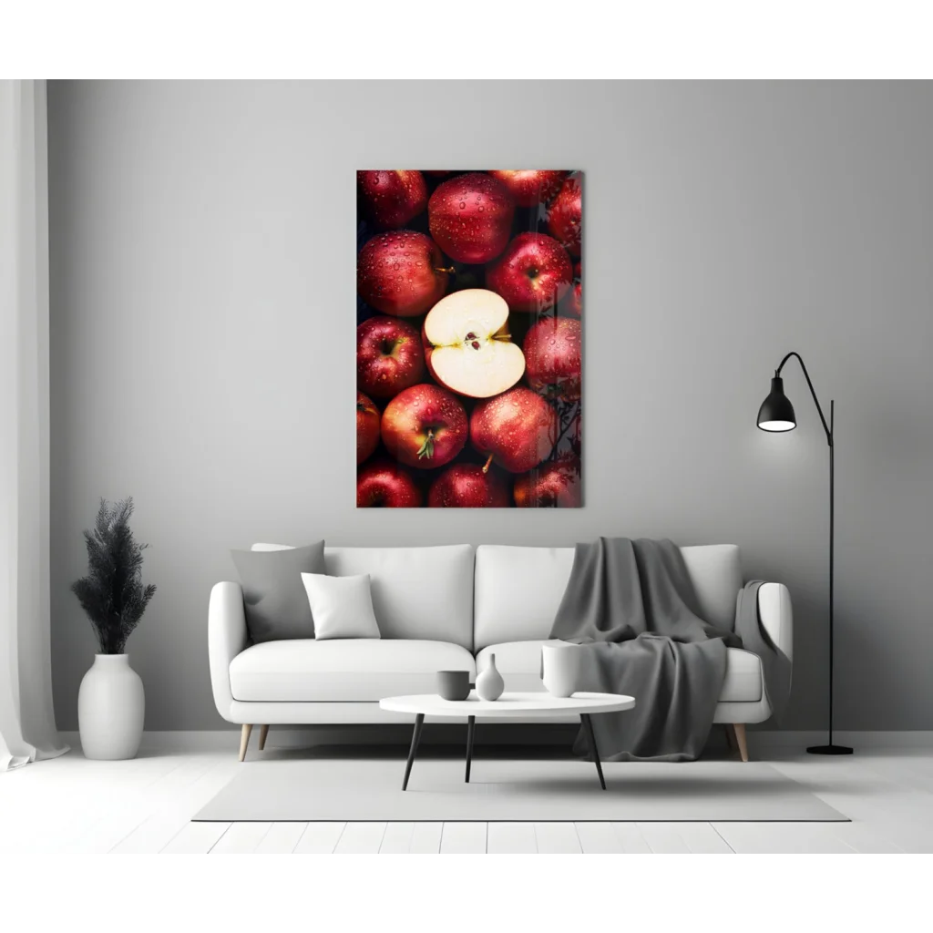 Juicy red apple glass wall art in modern living room