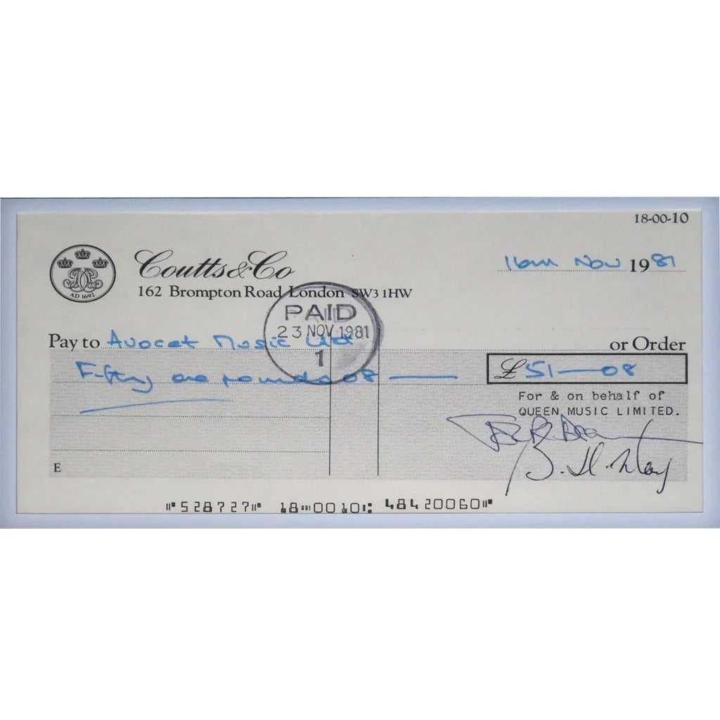 Framed Queen band autographed checks music display with vintage Coutts check