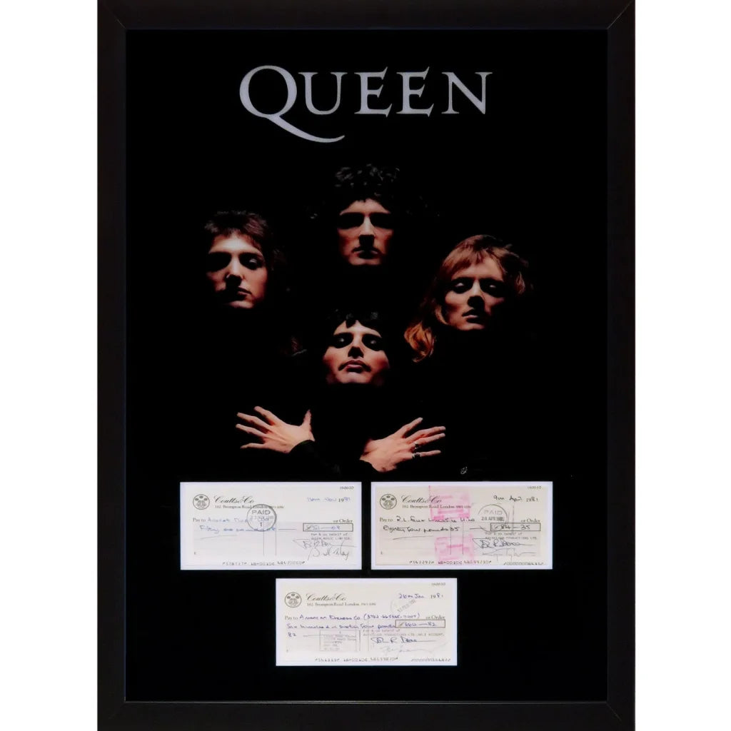 Framed Queen band poster with autographed checks music display, JSA authenticated