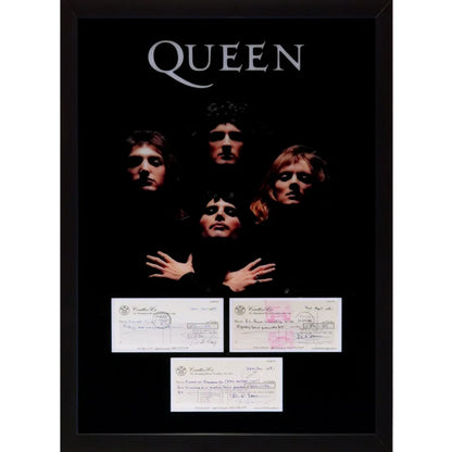Framed Queen band poster with autographed checks music display, JSA authenticated