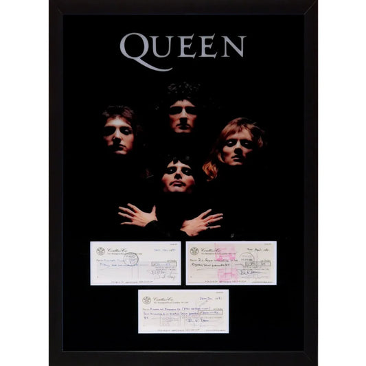 Framed Queen band poster with autographed checks music display, JSA authenticated