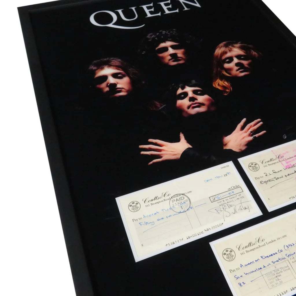 Framed Queen band autographed checks music display with 1970s signed vintage checks