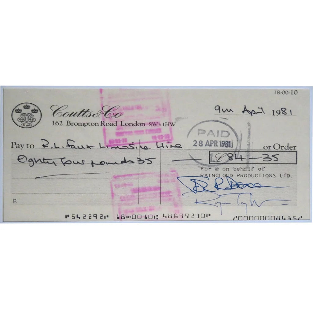 Framed 1981 Coutts check in Queen autographed checks music display, JSA certified
