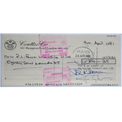 Framed 1981 Coutts check in Queen autographed checks music display, JSA certified