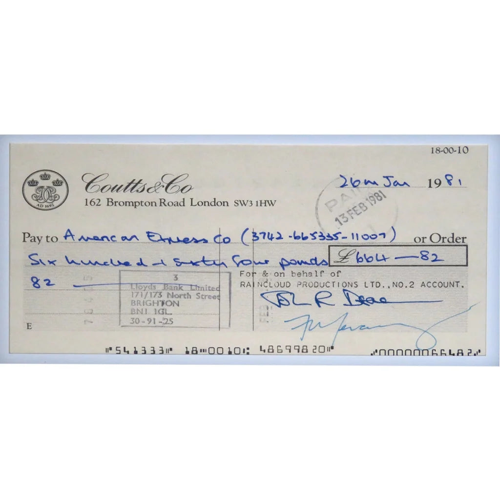 Framed Queen autographed checks music display with vintage Coutts check