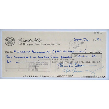 Framed Queen autographed checks music display with vintage Coutts check
