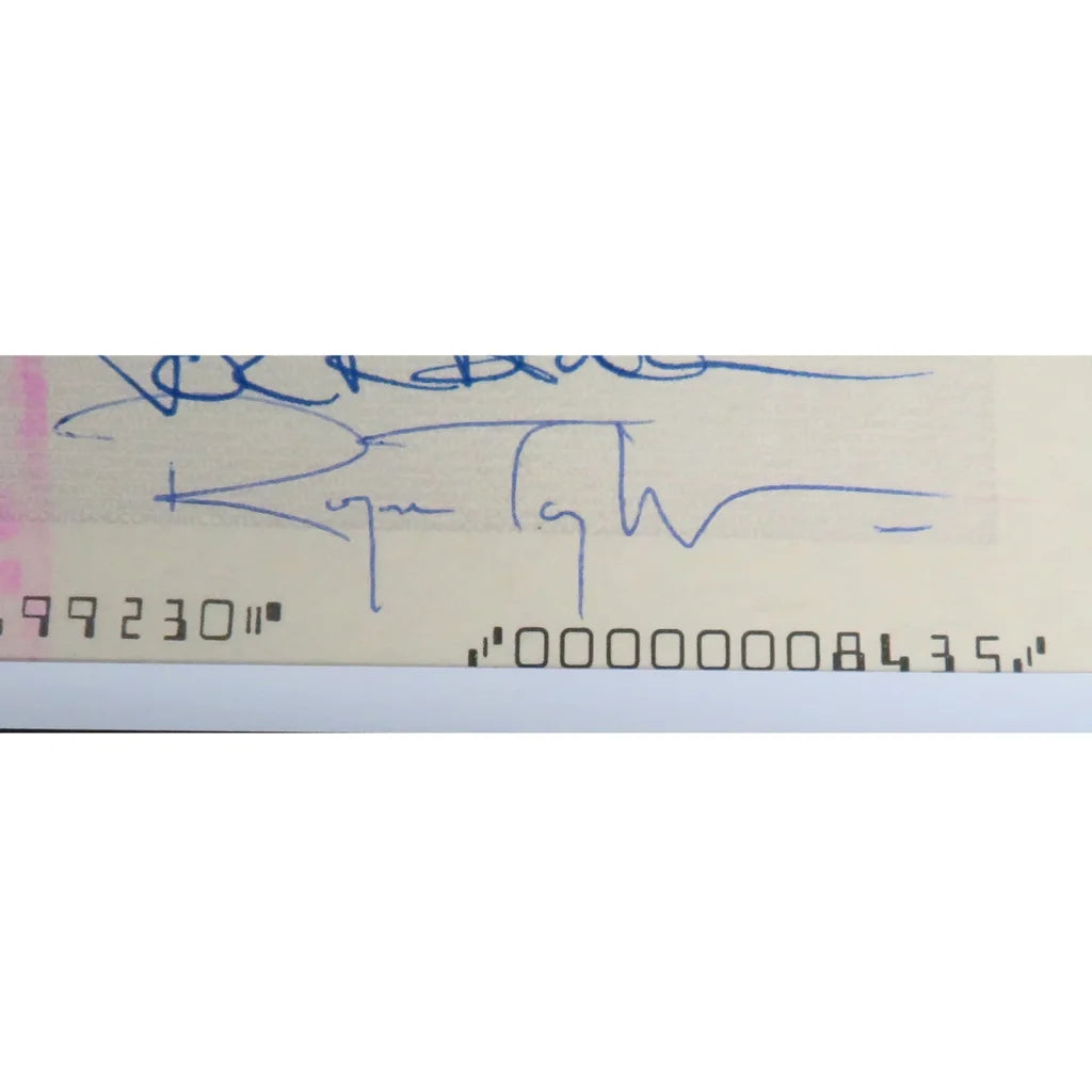 Framed Queen band autographed checks music display with blue ink signature on beige surface, JSA BAS certified