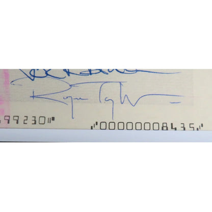 Framed Queen band autographed checks music display with blue ink signature on beige surface, JSA BAS certified